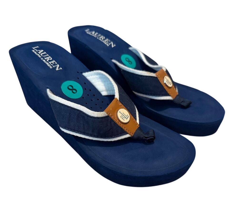 Lauren Ralph Lauren Jane Navy Wedge Flip Flop Sandals Size 8 B
